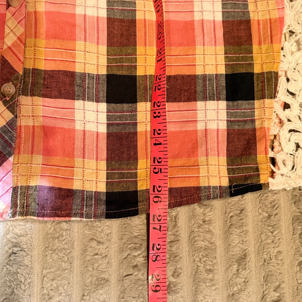 Hem & Thread Orange Plaid Lace Side Panel Button Down Shirt Women Small S - Picture 6 of 8